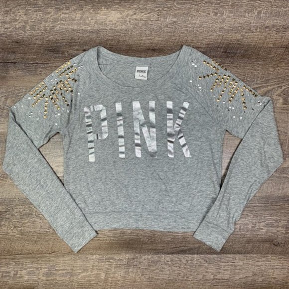 PINK Victoria's Secret Tops - VS Pink Metallic Embellished Long Sleeve Crop Tee
